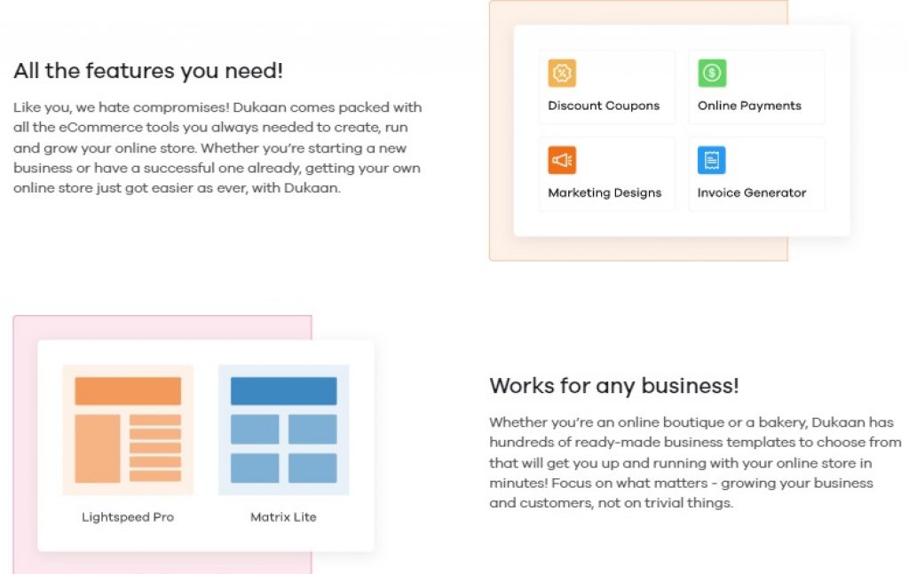 Available Features and Business Templates at Dukaan